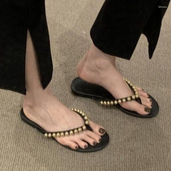 Terlik Bayanlar Ayakkabı 2023 Thong Kadın Yaz Katı Boncuklu Plaj Kadın Düz Rahat Flip Flops Zapatillas de Mujer