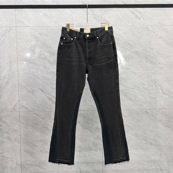 23SS MEN USA Zipper Patchwork Yıkanmış Denim Pantolon Vintage Jeans High Street Pantolon Bell Bottoms323L