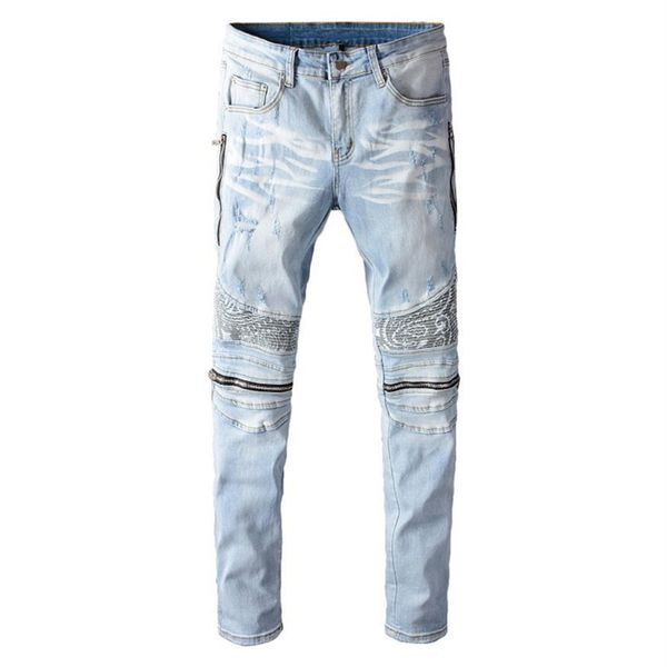 Bandana azul clara masculina estampada patchwork jeans motociclista streetwear zíperes stretch denim skinny Pants320N
