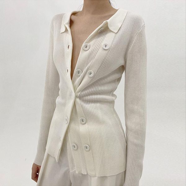 Suéteres femininos de malha apertada camisola mulheres pulôver branco básico único breasted v pescoço manga longa slim fit t-shirt 2023
