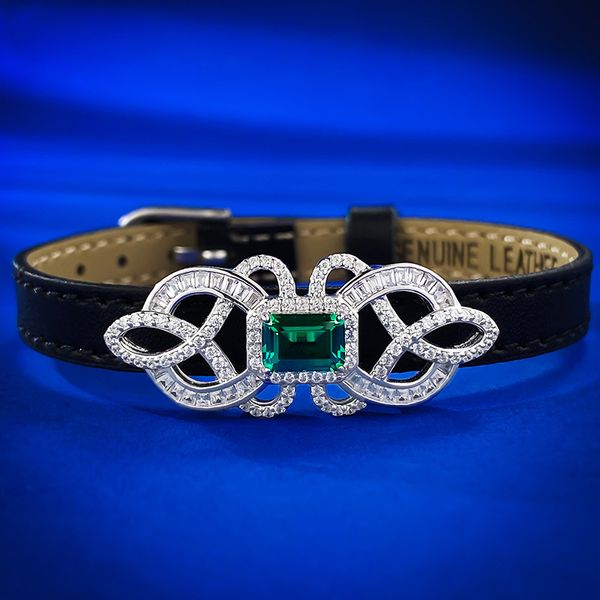 2023 Leder Smaragd Diamant Armreif 100 % echtes 925 Sterling Silber Hochzeit Armbänder für Frauen Braut Verlobungsschmuck