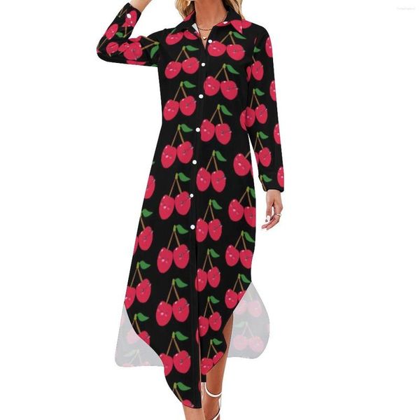 Vestidos casuais bonito vestido de frutas kawaii cerejas felizes estilo de rua sexy v pescoço chiffon manga longa roupas 4xl 5xl