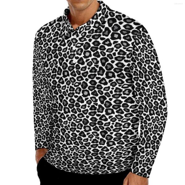 Polo da uomo T-shirt casual leopardate in bianco e nero Maglietta polo con stampa animalier Uomo Divertente Primavera Manica lunga Abbigliamento personalizzato Big Size 6XL