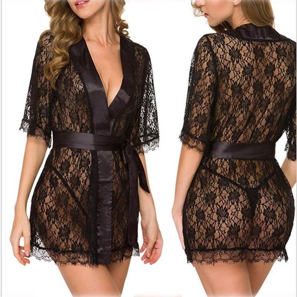 Sexy Erotische Dessous Plus Size Langerie Kimono Kleid Satin Schwarz Nachtwäsche Pyjamas für Frauen Babypuppe G String316D