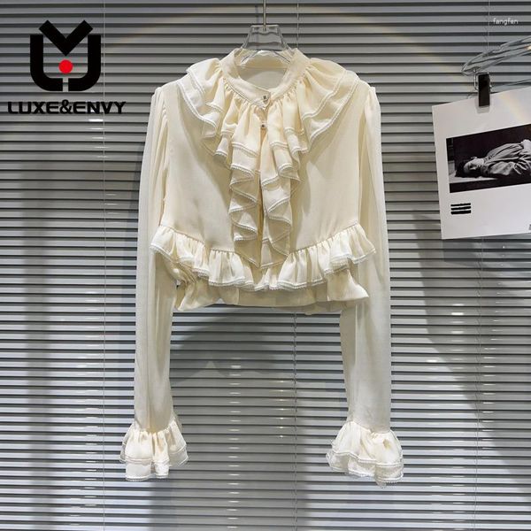 Blusas femininas LUXEENVY Chiffon Camisa Elegante Gola Manga Comprida Cor Sólida Plissada Babados Outono