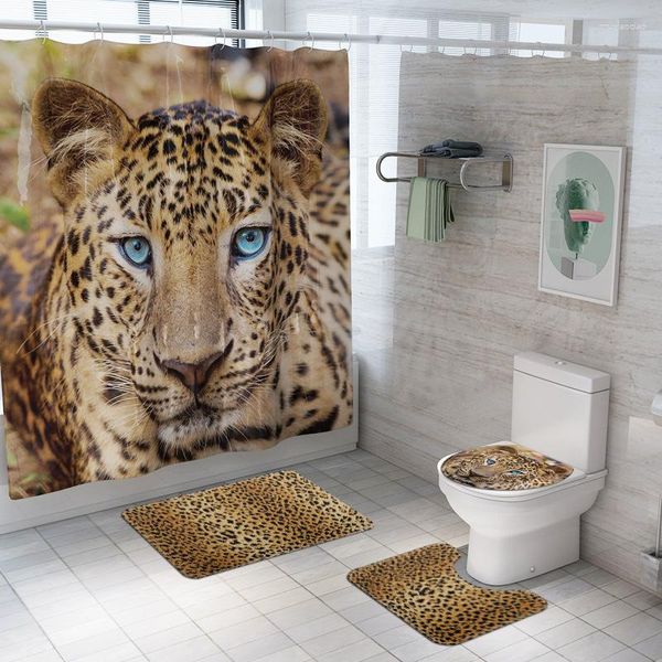 Tapetes Leopardo Impressão Cortina de Chuveiro Quatro Peças Tapete Banheiro Conjunto Criativo Desenhos Animados Zerbino Ingresso