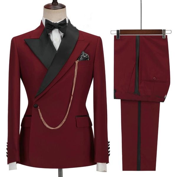 Neues Design Zweireiher Herrenanzug mit Hosen Burgund 2 Stück Slim Fit Hochwertige Hochzeit Kostüm Party Prom Blazer Herrenanzug245P