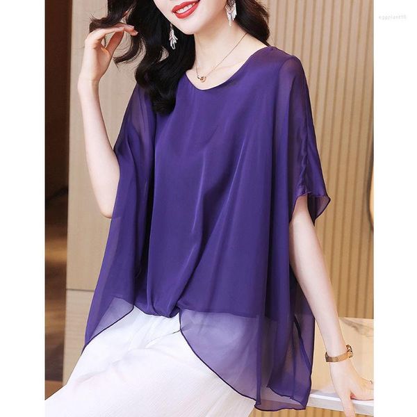 Frauen Blusen 2023 Sommer Mode Frauen Chiffon Bluse 4XL Kurzarm Lila Vintage Shirt Damen Casual Tops Femme Y484