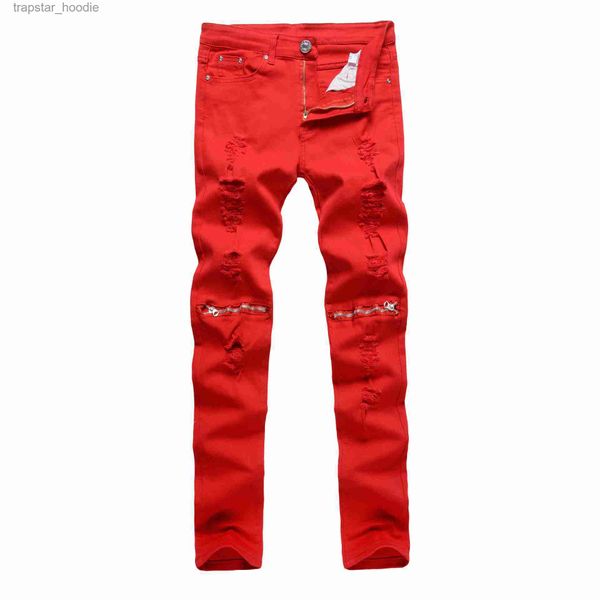 Jeans da uomo Foro da uomo con cerniera al ginocchio Taglio puro Pantaloni lunghi marci casual Pantaloni slim piedi Pantaloni elasticizzati Pantaloni da marea da discoteca L230918