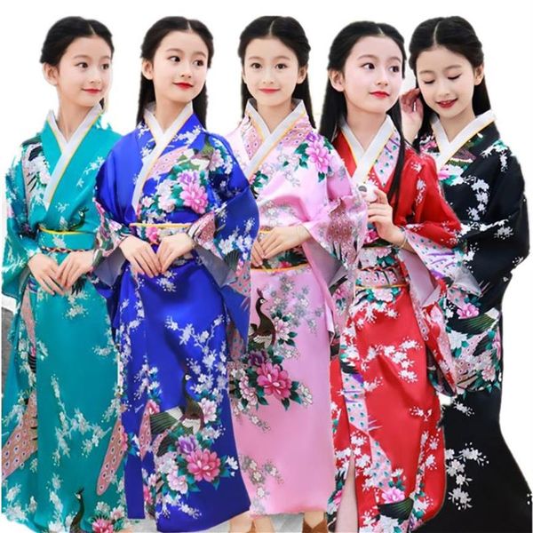 8 cores tradicionais japonesas meninas quimono asiático obi vestido estampa de seda pavão manga longa moda roupas haori vestidos infantis étnico225r