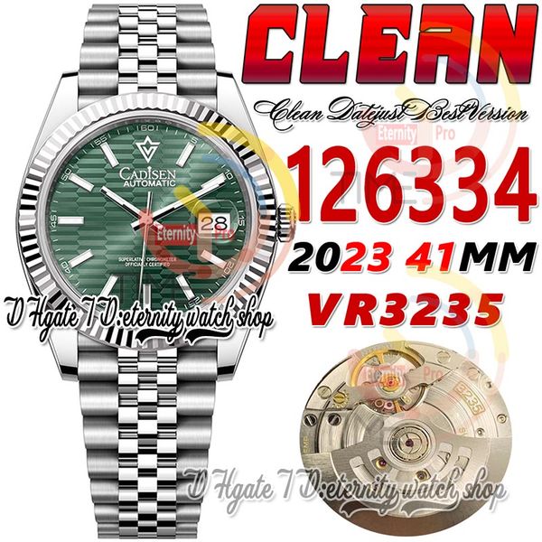 Clean CF Data 41mm 126334 VR3235 Automatic Mens Watch Green Pit Padrão Dial Stick Marcadores 904L JubileeSteel Pulseira Super Edition Eternity Hombre Relógios de Pulso