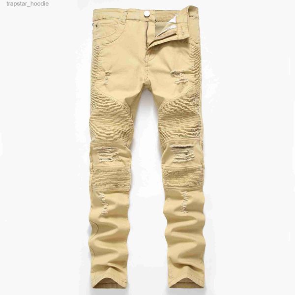 Jeans masculinos Khaki Biker Jeans Plissado Design Mens Skinny Slim Stretch Denim Calças Hip-Hop Street Destruído Rasgado Jean 28-42 L230918