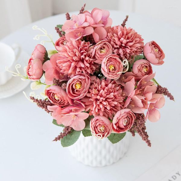 Dekoratif Çiçekler Güller Yapay Beyaz İpek Çiçek Yüksek Kaliteli Mor Gelin Buket Buket Düğün Partisi Dekoru Sahte Ev Aksesuarları