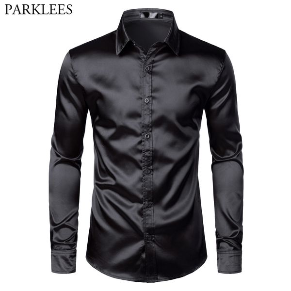 Camisas casuais masculinas de cetim preto de luxo camisas de seda suave homens smoking camisa slim fit festa de casamento baile camisa casual chemise homme 230918