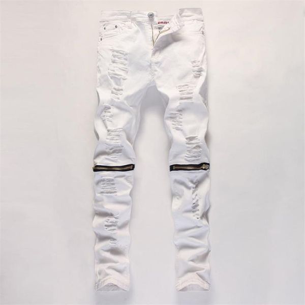 Мужские джинсы с застежкой-молнией на щиколотке Тонкие прямые рваные джинсы с дырками Мужские черно-белые красные узкие брюки для бега Мужской дизайнер Trouser321f