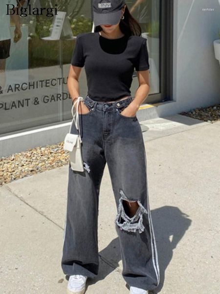 Jeans da donna Autunno Pantaloni lunghi a vita alta Pantaloni da donna larghi a righe con foro cavo Modis Patchwork Donna 2023