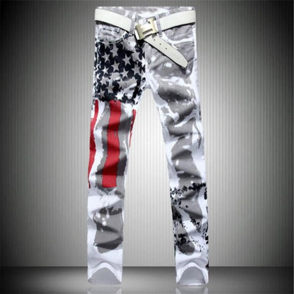 2017 Nuovi Uomini di Arrivo Casual Americano USA Bandiera Stampata Jeans Pantaloni Uomo Graffiti Stampa bianco moda hip-hop Jeans262c