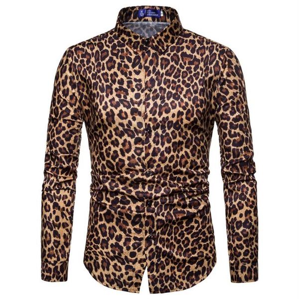 Camicie casual da uomo KLV Manica lunga Uomo Camicetta in misto cotone Moda uomo Stampa leopardata Stampata Slim Tops245R