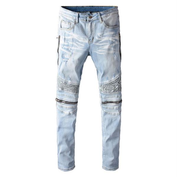 Jeans da motociclista patchwork con stampa paisley bandana azzurra da uomo Pantaloni skinny in denim elasticizzato con cerniere streetwear249k
