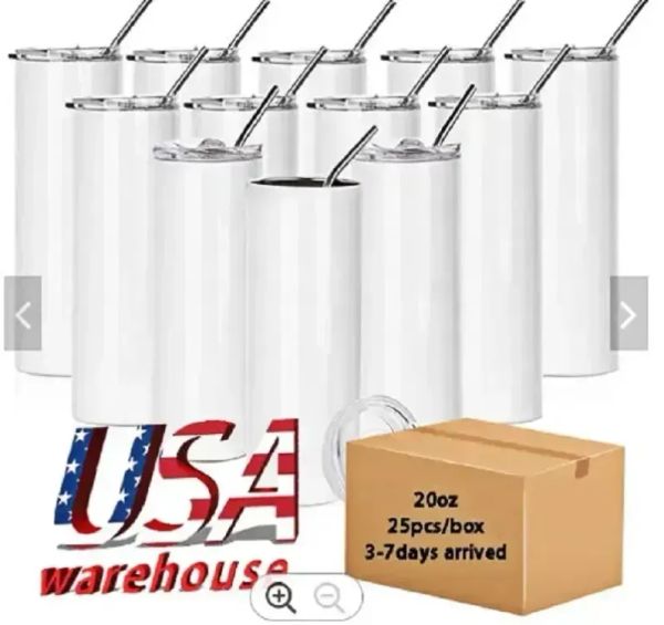 US / CA Armazém Local 20 onças Copos de Sublimação Com Palha de Plástico Aço Inoxidável Reto Em Branco Coaster Canecas Outdoor Doubel Wall Thermos Cups 918