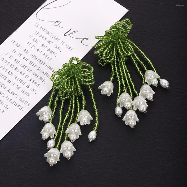 Orecchini pendenti Dvacaman fatti a mano con nappa lunga e fiore in rilievo per le donne, verde trasparente, con perline acriliche, gioielli Boho a goccia floreale
