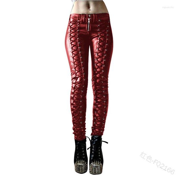 Pantaloni da donna 2023 Donne Tinta unita Festival Clubwear Zipper Lace-up Ecopelle Skinny Leggings sexy Pantaloni dimagranti T651