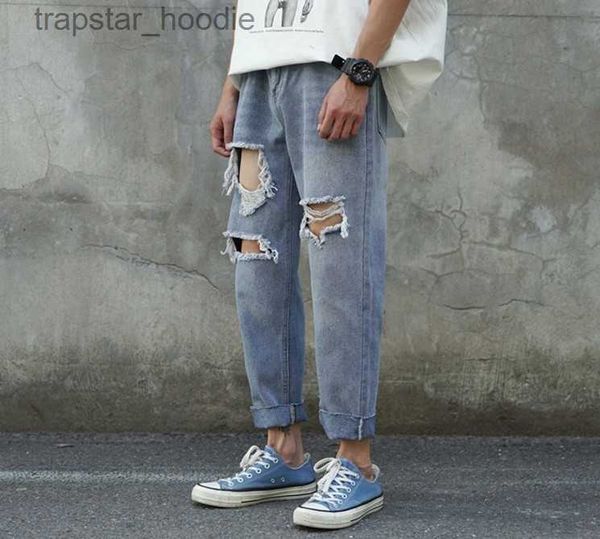 Jeans da uomo Jeans arruffati Pantaloni da strada da uomo Hip Hop Casual Sezione sottile Pantaloni larghi Moda Nove punti Pantaloni da skateboard L2309119