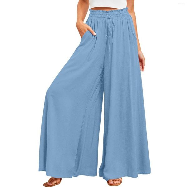 Pantaloni da donna Gamba larga Drappeggio fluido Volant Tinta unita Coulisse in vita Pantaloni sportivi Tasche alte con lacci Pantaloni svasati con taglio a stivale