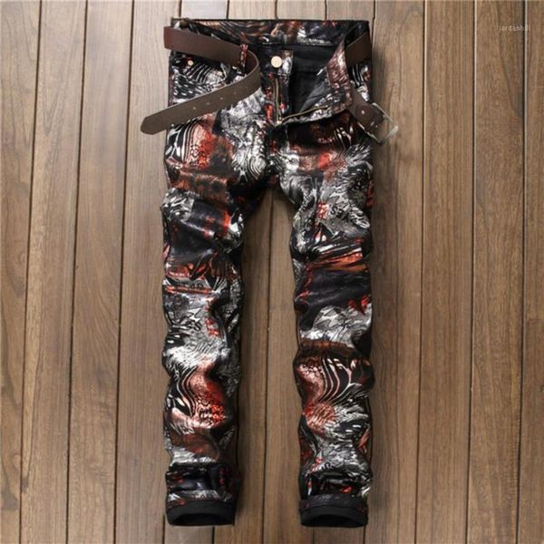 Nova moda masculina calças hip hop fllower jeans fino em linha reta colorido pintado streetwear skate estiramento calças1224t