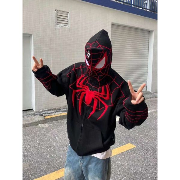 Y2k gótico masculino hip hop hoodie harajuku aranha web impressão completo zíper moletom oversize punk bolso solto jaqueta casaco streetwear