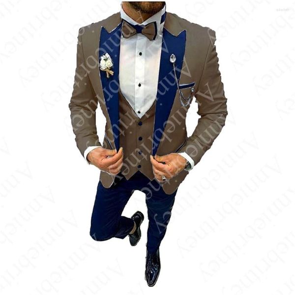 Erkekler 3 adet Bej Khaki Kart İnce Fit Düğün Sağdı Smokin Giyim Giyim Blazer Yelek Pantolon (Kravat Yok) 2023