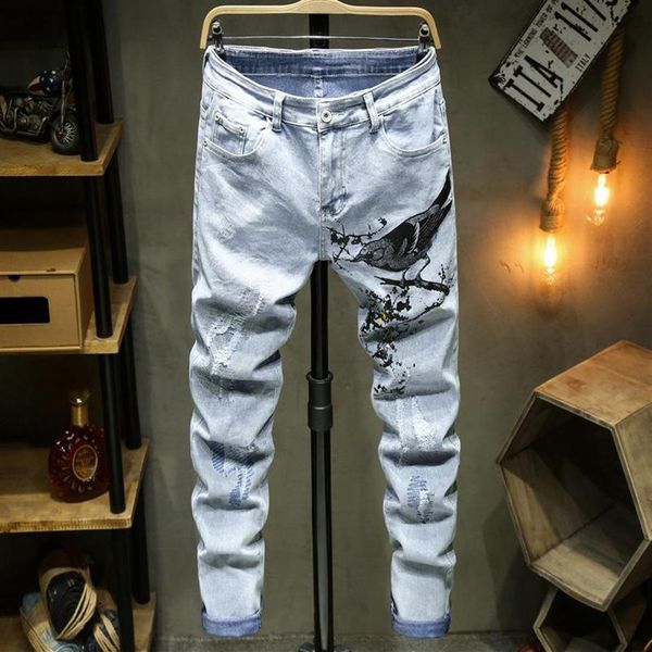 Мужские джинсы с животным принтом для мужчин 2021 High Street Washed Destroyed Homme Узкие прямые узкие брюки Moto Trouse216H