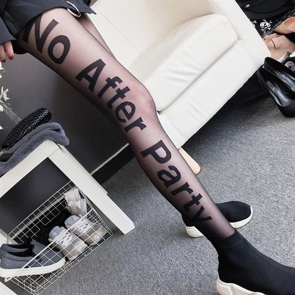 Tattoo-Strumpfhose für Damen, keine After-Party-Strumpfhose, schwarze Buchstaben, Seidenstrümpfe, schwarze Mädchen, transparente Fußstrumpfhose, Tanzstrumpf Lady213G