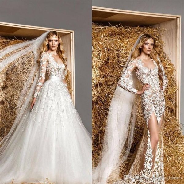 Modest Zuhair Murad Vestidos de Noiva Trem Removível A Linha de Mangas Compridas Rendas Ver Através de Tule Sexy Luxo Sheer Wedding Dresses282f