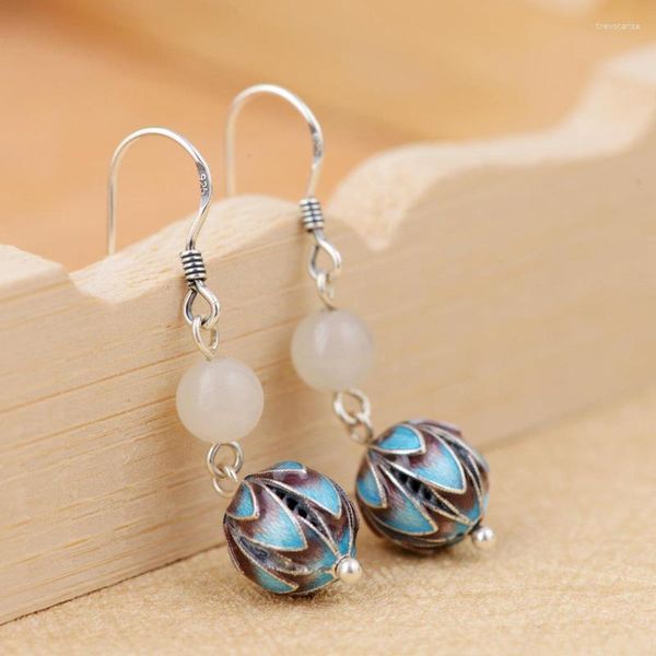 Boucles d'oreilles pendantes en argent 925 incrustées de perles de calcédoine naturelle, longues boucles d'oreilles en émail à fleurs bleues pour femmes, bijoux de Style ethnique de charme
