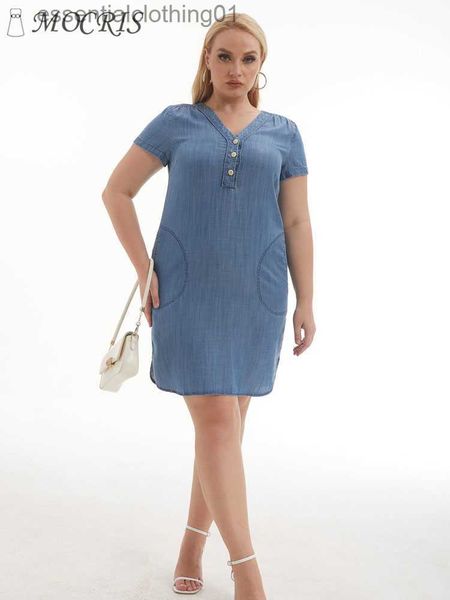 Grundlegende Freizeitkleider Denim Lässige Kurzarm-Sommerkleider für Frauen 2023 Plus Size Solides, elegantes und hübsches Kleid mit Knöpfen und Tasche Neu L230918