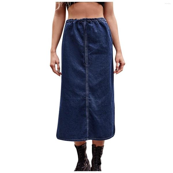Юбки, женская модная сексуальная однотонная джинсовая юбка-миди с полуэластичной резинкой на талии, Kawaii для женщин, мини-стиль Y2k