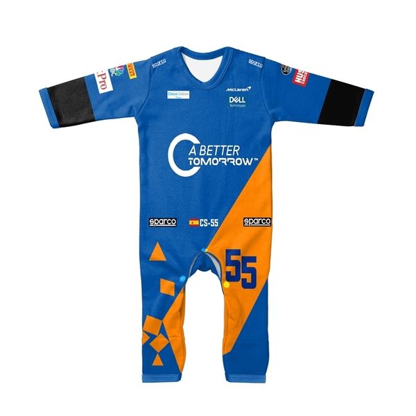 Pagliaccetti Tuta blu per bambini Extreme Sports Series Formula One Boy Girl Crawling Suit 2023 Vendita Racing McLaren Team 230915