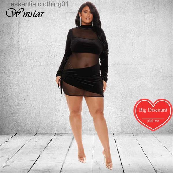 Grundlegende Freizeitkleider Wmstar Plus Size Kleider für Frauen Mesh Schwarz Sexy Patchwork Langarm Minikleid Heißer Verkauf Club Outfits Großhandel Dropshipping L230918