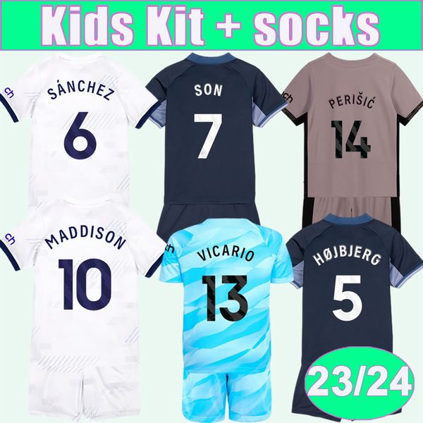 2023 24 SANCHEZ SON Kid Kit Футбольные майки ROMERO HOJBJERG E. ROYAI KULUSEVSKI Домашние белые на выезде 3-й вратарь Детский костюм Футболка Короткая форма