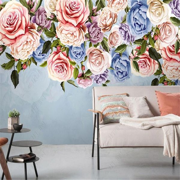 Wallpapers nórdico flores florescendo papel de parede para sala de estar rosas americano pastoral tv sofá fundo papéis de parede decoração casa murais