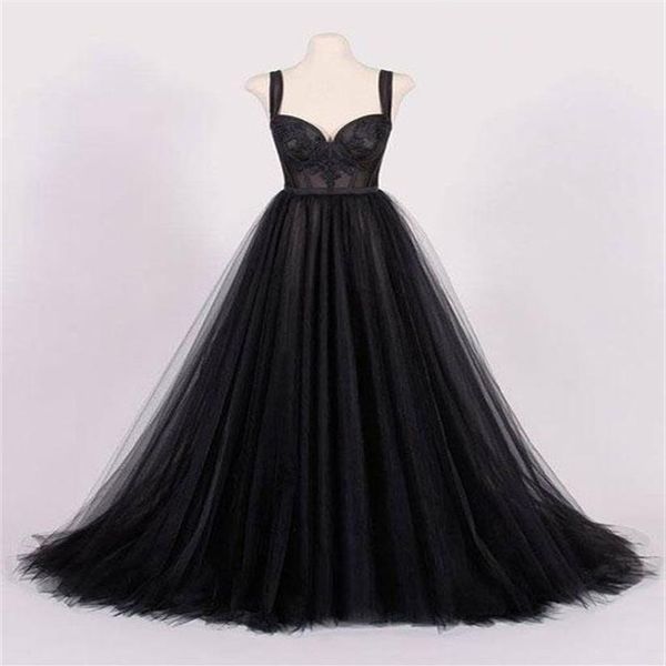 Schwarzes A-Linien-Vintage-Gothic-Hochzeitskleid mit Trägern, schlichtes, elegantes, informelles Brautkleid mit farbigem Korsettrücken, kurzer Schleppe251D