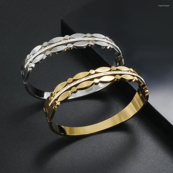 Pulseira na moda ondulação redonda oval textura de solda pulseiras de aço inoxidável pulseiras para mulheres luxo cristal strass jóias