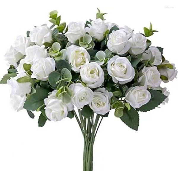 Flores decorativas 50pcs 10 cabeças de seda artificial rosa branca eucalipto folhas peony buquê de buquê de casamento decoração em casa por atacado falso