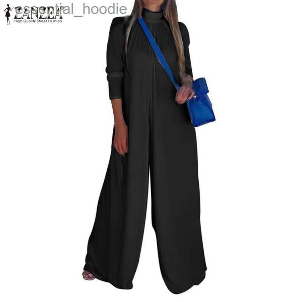 Женские комбинезоны ZANZEA, женский европейский модный комбинезон с длинным рукавом и высоким воротником, плиссированный широкий длинный комбинезон L230918