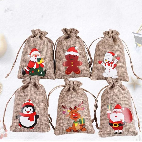Natal serapilheira linho cordão saco presente envolve papai noel boneco de neve pinguim alce doces jóias embalagem presente sacos de armazenamento decoração de presente de natal
