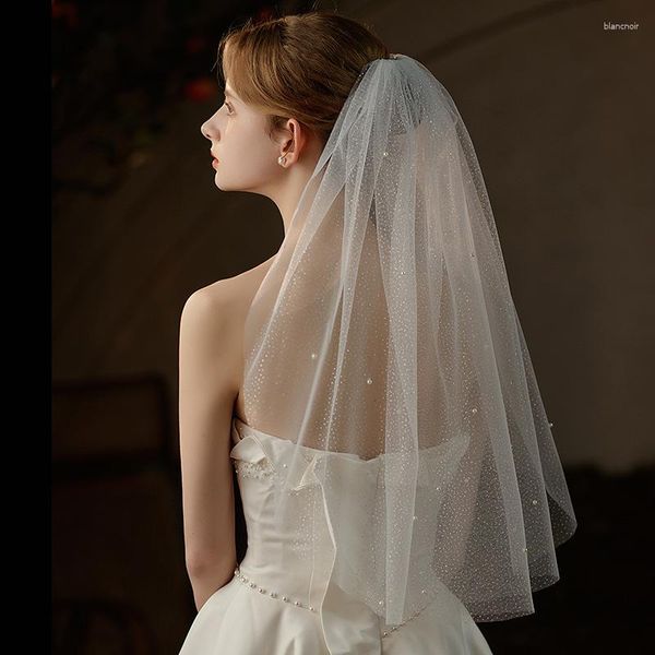 Véus nupciais 2023 véu de casamento brilhante com pente de cabelo pérolas de uma camada curto acessórios de novia