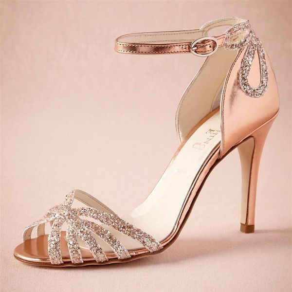 Roségold glitzernder Absatz, echte Hochzeitsschuhe, Pumps, Sandalen, goldenes Leder, Schnallenverschluss, Glitzer, Party, Tanz, hohe, gewickelte Absätze, Damen218b