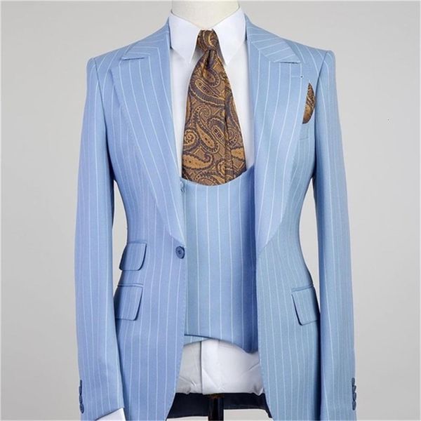 Herrenanzüge Blazer Ankunft für Männer Streifen Blau Einreiher Revers Revers Blazer Terno Masculino Jacke Hosen Weste Dreiteilig 230915