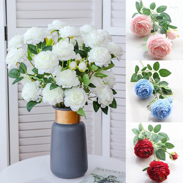 Flores decorativas 1 peça 61cm rosa vermelha seda peônia buquê artificial 3 cabeças falsas para decoração de casamento em casa material de guirlanda interna